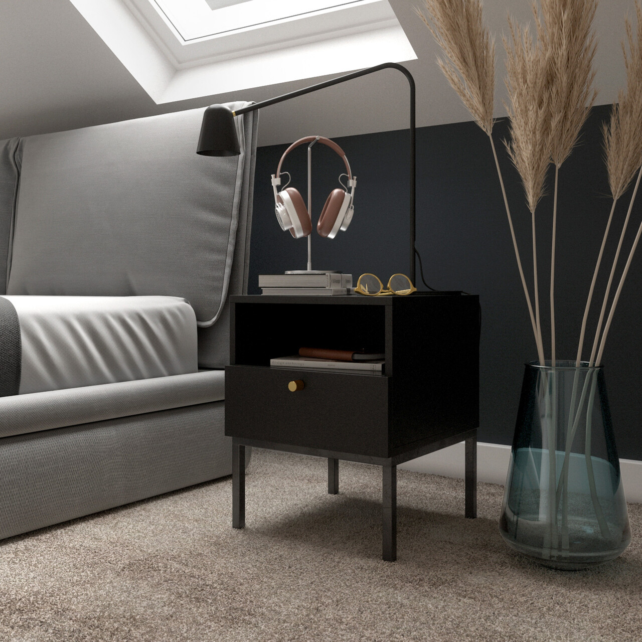 Noptiera ELTAP, Lanzzi, 40x40x50 cm, MDF laminat, negru/auriu - imagine 6